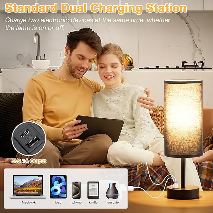 Black Touch Bedroom Lamp with USB - 3 Way Dimmable Table Lamp for Bedroom, Nightstand Lamp with Black Charging Station for Desk Dorm, Office, Boy Kids Room, Small