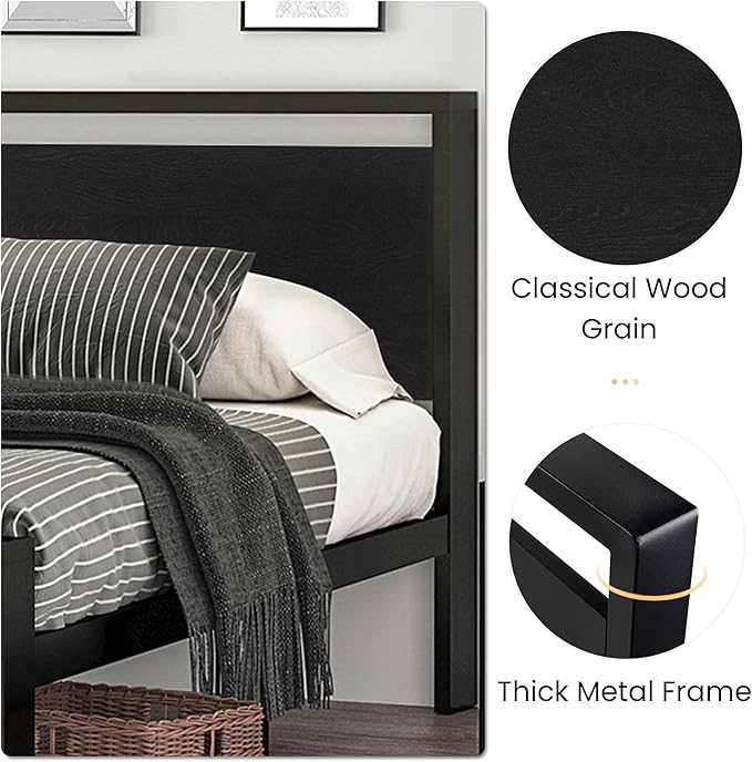 SHA CERLIN 14 Inch King Size Metal Platform Bed Frame with Wooden Headboard and Footboard, Mattress Foundation, No Box Spring Needed, Large Under Bed Storage,Black Oak