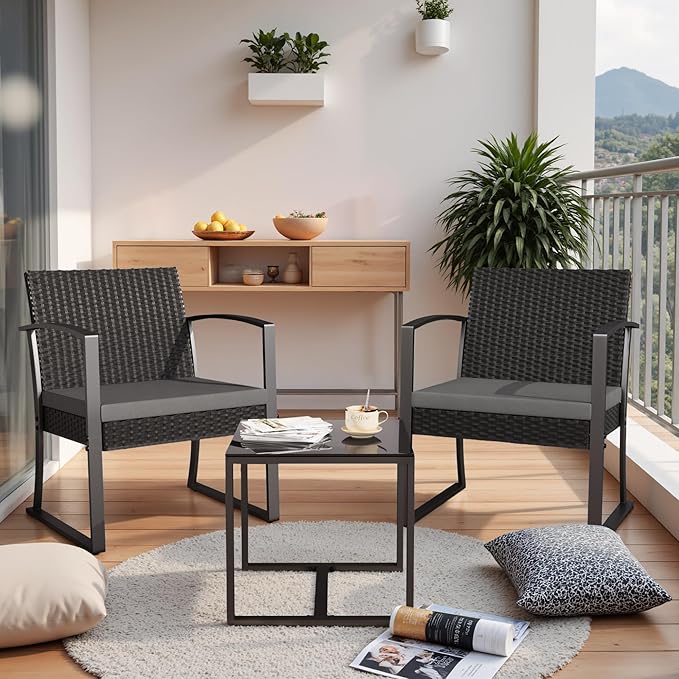 Homall Resin 3 Pieces Patio Furniture Set, Outdoor Bistro Set with Cushions and Glass Table, Conversation Set Rattan Chair for Porch, Balcony, Poolside, Garden (Grey)