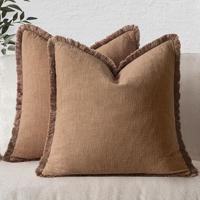 MIULEE Decorative Throw Pillow Covers Neutral Linen Fringe Throw Pillows Euro Shams Set of 2 Brown Boho Farmhouse Cushion Covers for Couch Sofa Bed Living Room Spring Home Decor 22x22 Inch