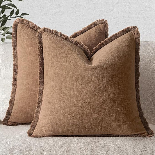 MIULEE Decorative Throw Pillow Covers Neutral Linen Fringe Throw Pillows Euro Shams Set of 2 Brown Boho Farmhouse Cushion Covers for Couch Sofa Bed Living Room Spring Home Decor 24x24 Inch