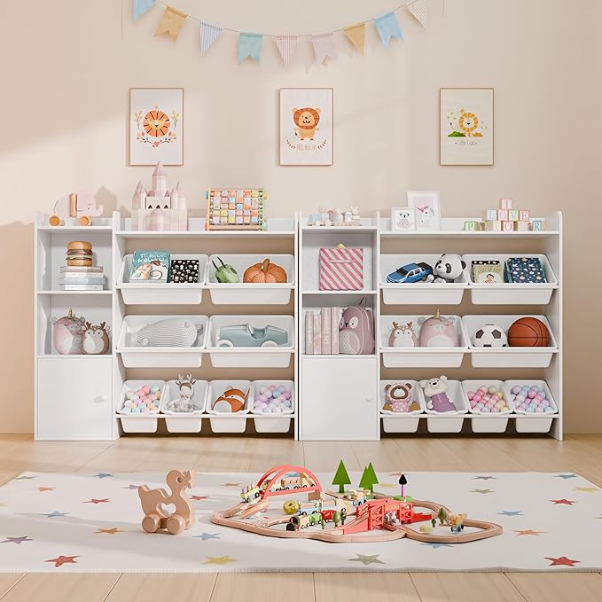 White Toy Storage Organizer, Toy Organizers and Storage Bins, Toy Storage Shelf with 8 Toy Bins, Toy Organizer with Bookshelf, Book Shelf and Toy Storage for Kids Room, Playroom, Bedroom, Nursery