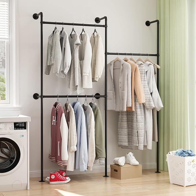 Industrial Pipe Clothing Rack Wall Mount, Black Pipe Clothes Rack with 3 Hanging Rods, Heavy Duty Pipe Clothing Rack for Laundry Room, Closet Systems for Walk in Closets