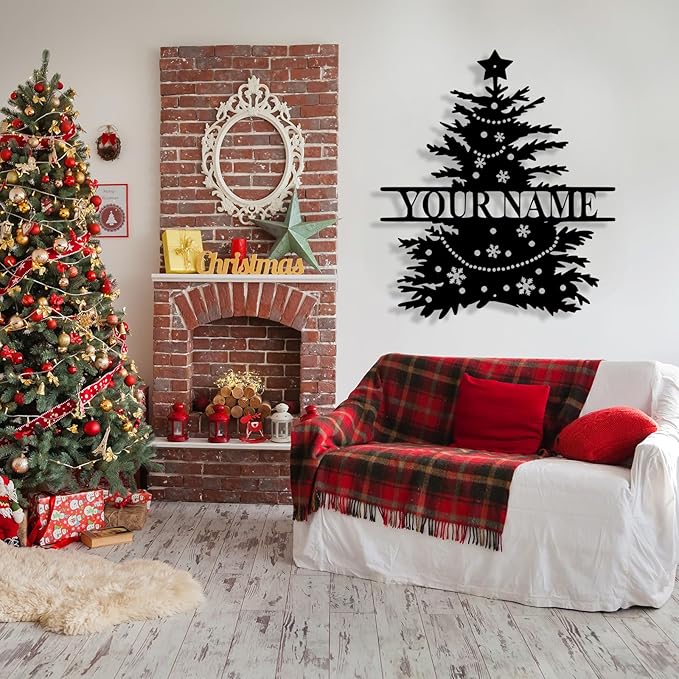 Personalized Christmas Tree Metal Sign, Custom Signs Outdoor Metal Wall Decor, Merry Christmas Tree Signs Wall Decoration for Home Living Room, Bedroom, Office, Garden, Porch