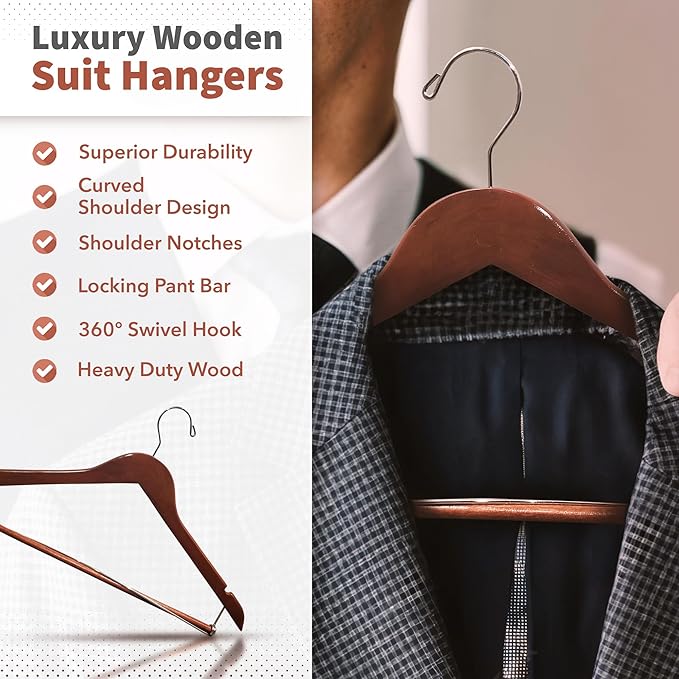 DEILSY™ Suit Hangers for Men with Open Bar 5 Pack Premium Brown Wooden Coat Hangers Pants Durable Suit for Closet Organization - Jacket Hanger Wood Clothes