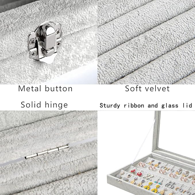 Coward Earring Organizer Tray Box, Grey Beige Velvet Earring Jewelry Display Storage Tray Case with Transparent Glass Lid for Home Drawer or Shop Selling