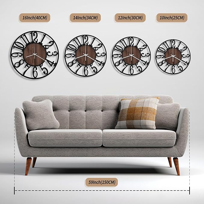 Maxstar Wall Clock Battery Operated,Silent Non-Ticking Modern Rustic Metal Round Clocks Small for Living Room/Bedroom/Office/Kitchen/Farmhouse Home Decor-16 Inch(Brown-Wood)