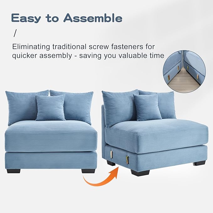 KEIKI 117" L-Shaped Oversized Corduroy Modular Cloud Sectional Sofa with High-Density Foam Cushion, Extra-Thick Armrest, Convertible 4-Seater Fluffy Corner Couch with 14 Pillow, for Living Room, Blue