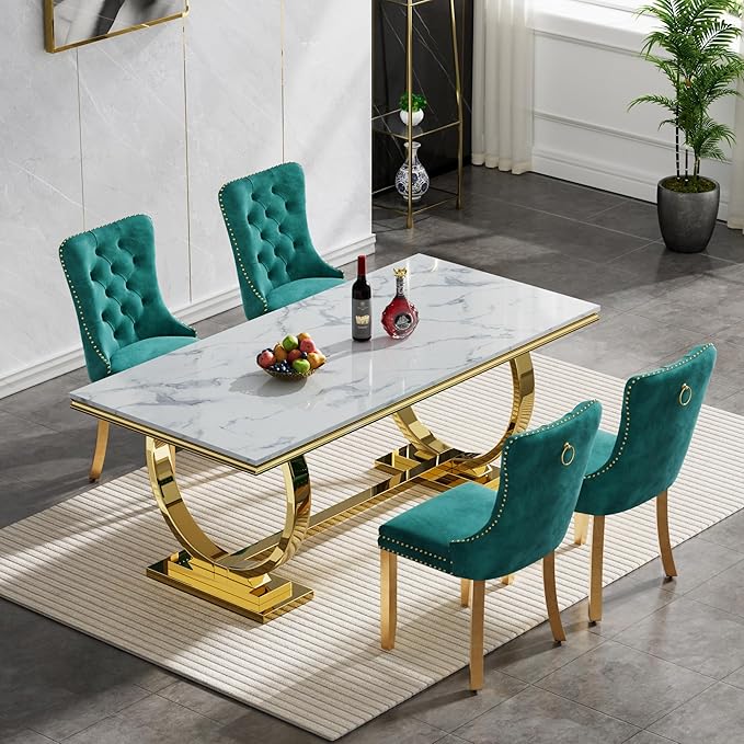 Goujxcy 5 Piece Marble Dining Table Set for 4, Luxury White Marble Gold Kitchen Table with 4 Green Velvet Upholstered Chairs, Modern 4 Person Dining Room Table Set for Kicken Dining Office Room