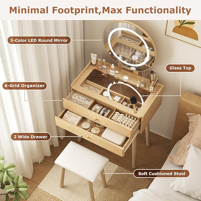 Small Vanity Desk with Mirror and Lights, Metal Handles with Cushioned Stool, 3 Lighting Modes Round Makeup Table with Glass Top, Compact Vanity for Small Spaces with 6-Grid Organizer, Natural Oak