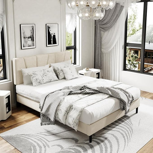 Queen Size Platform Bed Frame with Upholstered Headboard, Wooden Slats Support, Noise Free, No Box Spring Needed, Easy Assembly, Beige, Velvet