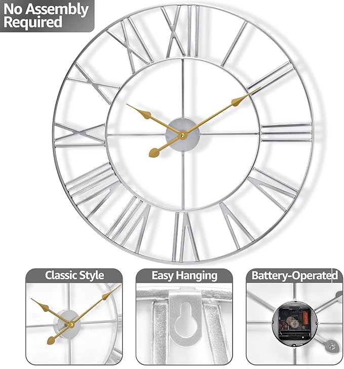 Sorbus Large Wall Clock for Living Room Decor – Easy to Hang 16-Inch Big Wall Clock – Metal Wall Art for Kitchen, Bedroom, Home, Office – Analog Decorative Wall Clock (White)