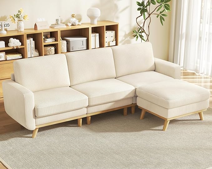 Vesgantti 97" Modular Sectional Sofa Beige, L-Shaped Couch with Movable Ottoman, Comfy Corduroy Couch with Spring Cushion, Modular Sofa with Deep Seat for Living Room, Bedroom and Apartment
