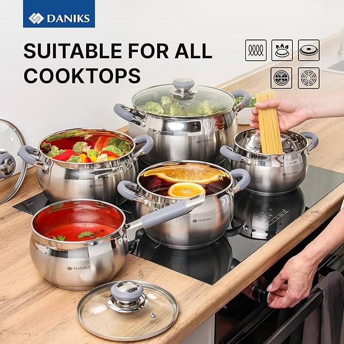 Daniks Modern Stainless Steel Stock Pot with Glass Lid - Induction 2 Quart, Dishwasher Safe, Heatproof Handles, For Soup, Pasta, Stew, Silver