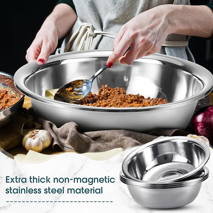 Nuogo 4 Pcs Stainless Steel Mixing Bowls Metal Mixing Bowls Extra Large Basin Salad Basin Deeper Edge Dishwasher Safe Mirror Finish for Home and Commercial, Silver (24 Inch 30 Qt)