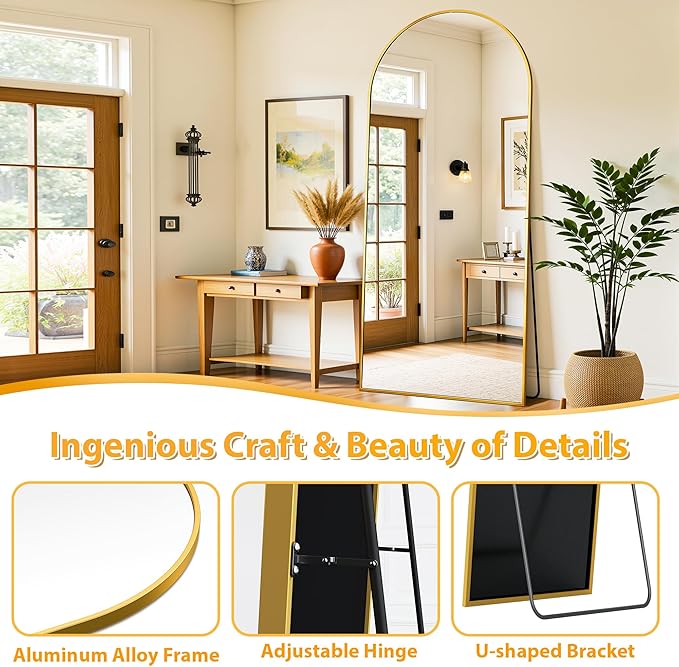 Full Length Mirror, 71"x32" Oversized Floor Mirror Freestanding, Full Body Mirror Floor Standing Mirrors with Stand, Hanging Mounted Mirrors for Bedroom Living Room, Gold, Arched Style