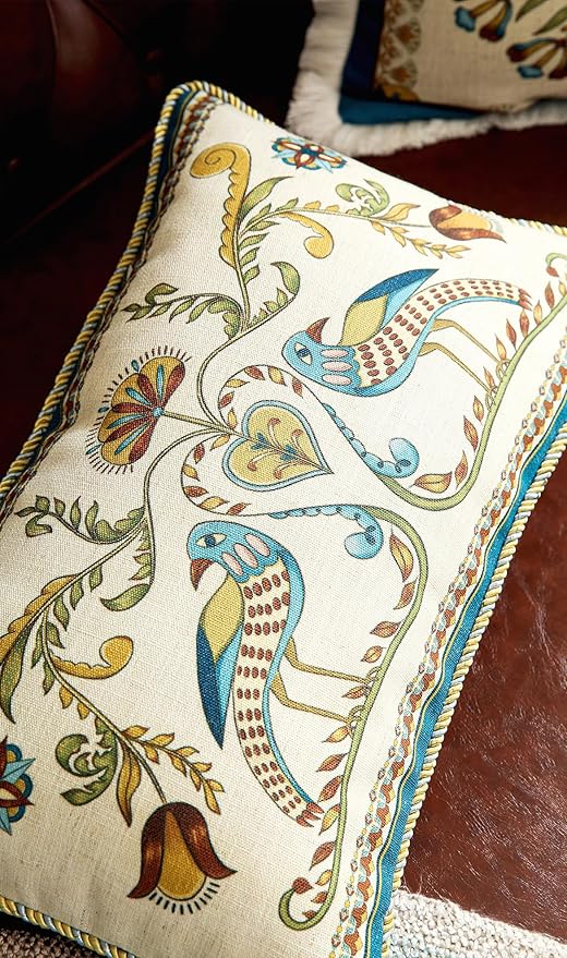 patdrea Designer Rectangle Throw Pillow Covers Set of 2,Farmhouse Blue Linen with Birds Floral Pattern Pillow Cover,Decorative Lumbar Pillowcases Cushion for Bed Living Room Outdoor Car,12"x20"