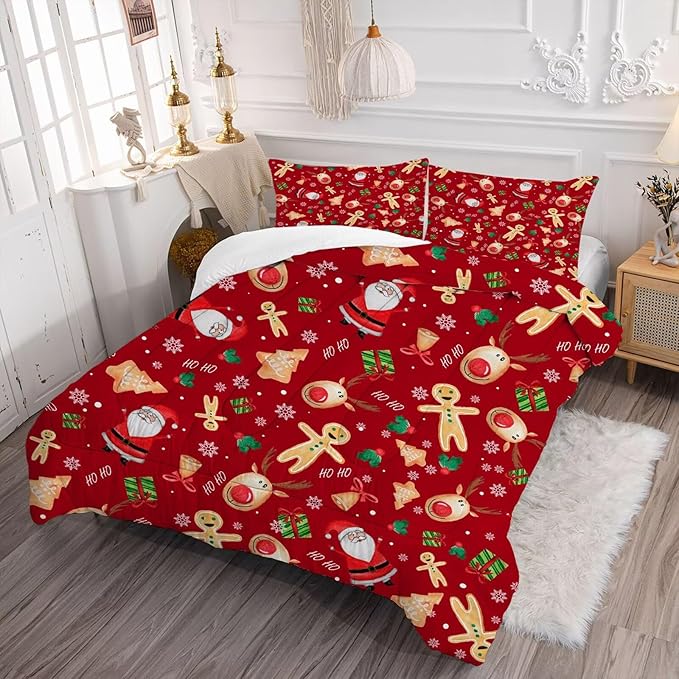 Red Christmas Comforter Set Full/Queen for Girls, Cartoon Santa Claus Christmas Tree Gingerbread Man Printed Bedding Set, Xmas Bed Set with 1 Comforter and 2 Pillowcases
