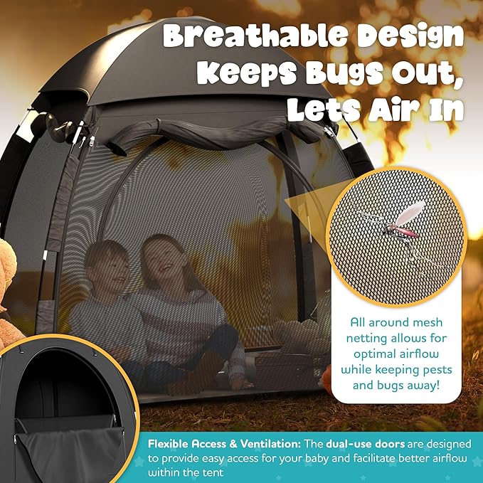 YoungMinds Blackout Baby Crib Tent - Waterproof Sleep Pod Fits for Travel Pack and Play, Milk Silk Fabric, Kids Black Out Cover Mosquito Net Tent with Toy Holder, Pack N Play Canopy Blocks 100% Light