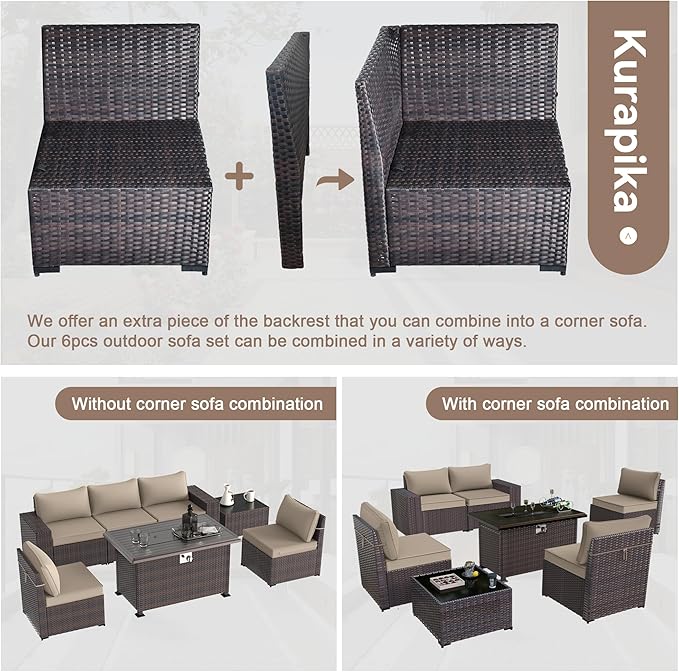 Kurapika 10 Pieces Patio Furniture Set, Rattan Wicker Outdoor Conversation Sets w/43in Propane Fire Pit Table, Swivel Rocking Chairs Patio Sectional Sofa w/4 Inch Cushion, Sand