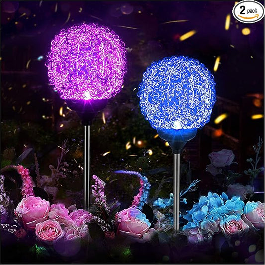 Solar Garden Lights Outdoor, Upgraded Globe Powered Garden Light, Multi-Color Changing LED Solar Stake Lights for Patio Backyard Pathway Party Decoration (Stainless Steel, 2 Pack)