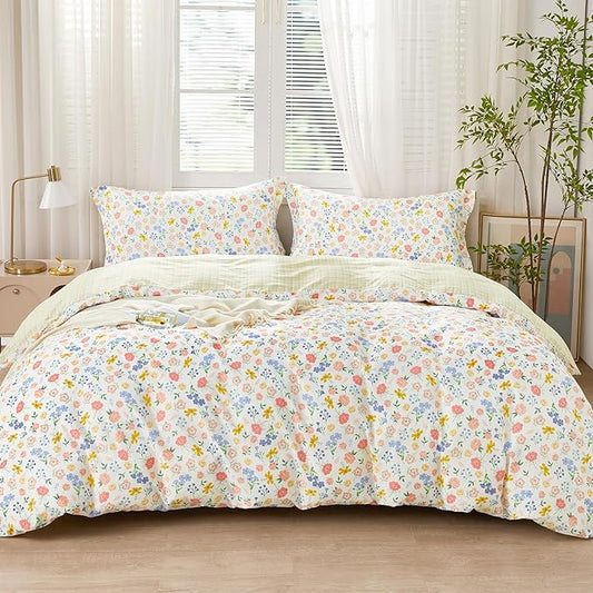 SAPHREAS King Size Colorful Flowers Duvet Cover Set 3pcs Botanical Floral Bedding Comforter Cover Set 100% Cotton 1 Duvet Cover 104"x90" 2 Pillow Shams, Comforter Not Included