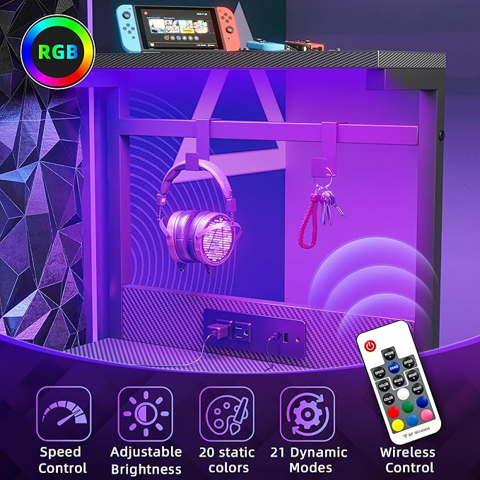 TIQLAB Gaming Desk 40 inch with Power Outlet and LED Light, Computer Desk with Reversible Shelves and Storage Drawer, Small PC Desk for Home Office Table with Bag, Carbon Fiber Black