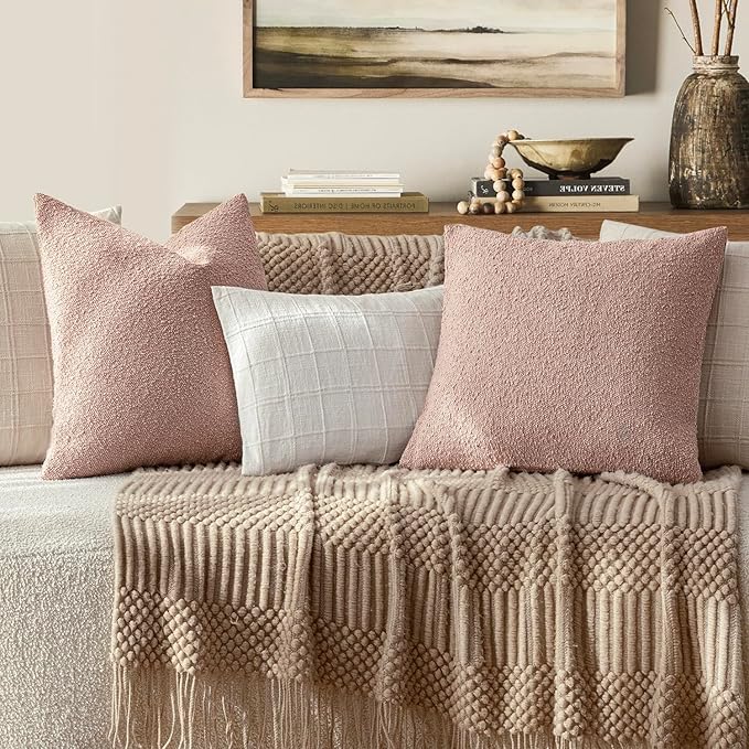 Foindtower Set of 2, Decorative Textured Boucle Throw Pillow Covers Accent Solid Pillow Cases Neutral Soft Couch Cushion Case for Chair Sofa Bedroom Living Room Home Decor 24 x 24 Inch Light Pink