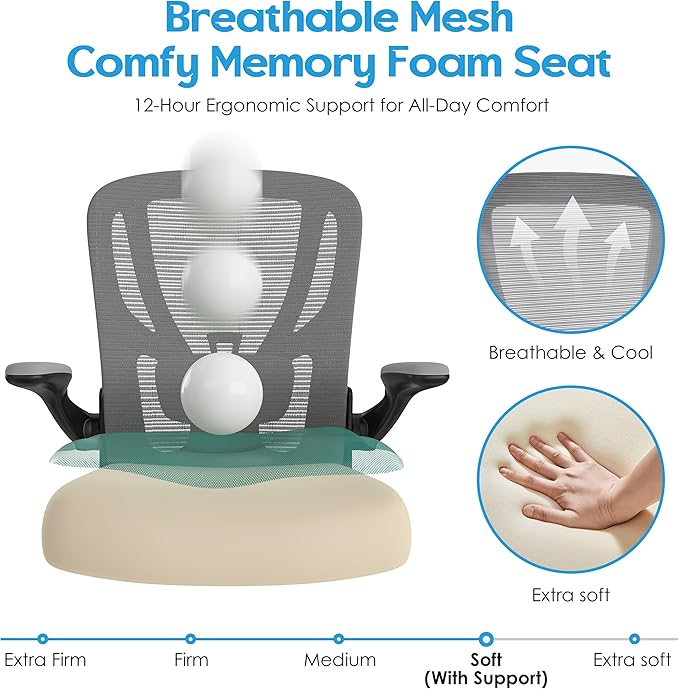 Office Chair Ergonomic Desk Chair - Mesh Computer Chair Breathable Task Chair with Wheels Adjustable Lumbar Support Home Desk Office Chairs with Flip up Armrest Executive Rolling Swivel Gray