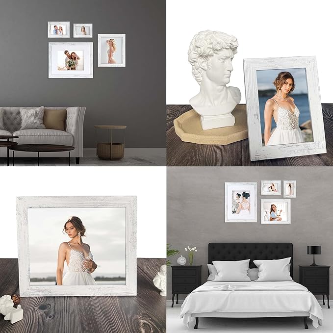 4x6 Picture Frame Set of 4, High Definition Glass Distressed White Frame, 4 x 6 Photo Frames for Tabletop Display and Wall Mounting