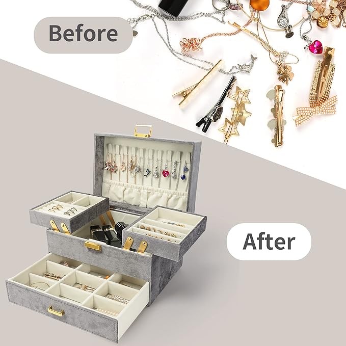 Dajasan Velvet Jewelry Boxes, Women Jewelry Organizer Box, 3- Layer Large Jewelry Storage Case for Birthday Mother's Day Valentine's Day (Grey)