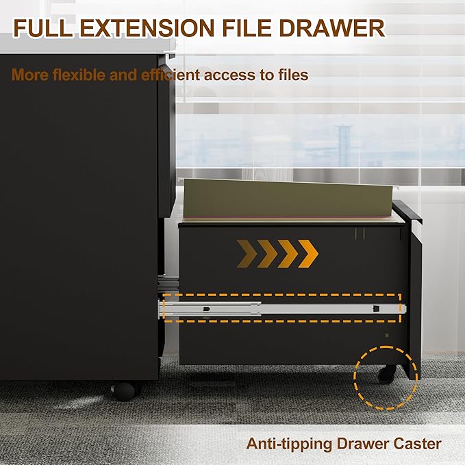 Metal Mobile File Cabinet with Lock and 4 Keys - Fully Assembled, Under Office Desk 2 Drawers Filing Cabinet for Home Office with Anti-tilt Wheels, A4/Legal/Letter Hanging File Drawers