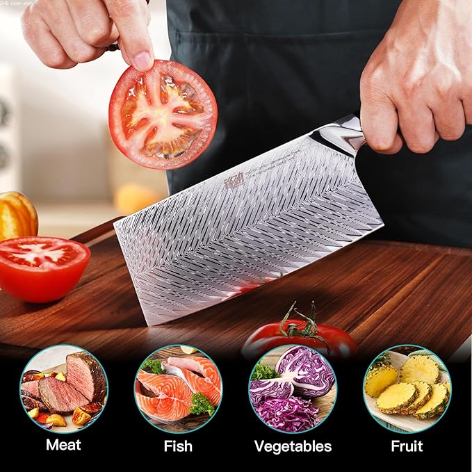 FINDKING Nebula Series Cleaver Knife, Multipurpose Chinese Chef Knife, 10Cr15CoMov Damascus Steel Blade, Resin and Figured Sycamore Handle, Full Tang, 7 Inch, Blue, for Meat, Vegetable Shredding