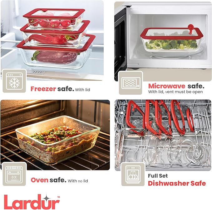 Glass Food Storage Containers with Glass Lids 3 Pack - Rectangle Meal Prep Food Container Set with Airtight Lids - Microwave & Dishwasher Safe 100% Plastic Free, Vented Gift Packaged, Red Color