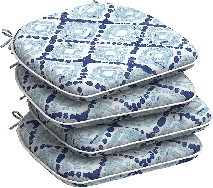 Set of 4 Outdoor Chair Cushions with Ties,Water Repellent Patio Chair Pads 17"x 16" for Outdoor Furniture,Round Corner Seat Cushions for Garden Yard Kitchen Boho Geometry Blue