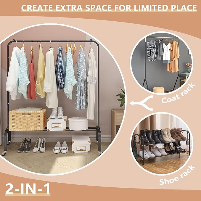 JIUYOTREE Metal Clothing Rack with Wheels, 43.3 Inches Rolling Clothes Garment Coat Rack with Bottom Shelf, Clothing Rack for Hanging Clothes, Coats, Skirts, Shirts, Sweaters, Black