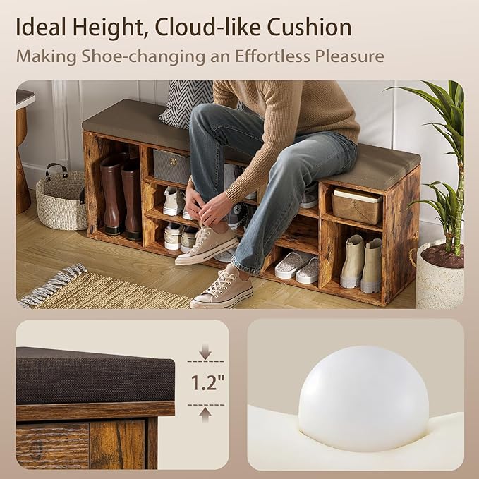 DINZI LVJ Shoe Storage Bench with Cushion, 13-Cubby Shoe Rack, Adjustable Shelves, Multifunctional Shoe Organizer Bench for Entryway, Mudroom, Hallway, Living Room, Bedroom and Garage, Rustic Brown