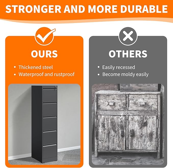 5 Drawer Metal File Cabinet Heavy Duty Locking File Cabinets Home Office Steel Filing Cabinet Vertical File Cabinets for Legal/Letter Size File,Assembly Required