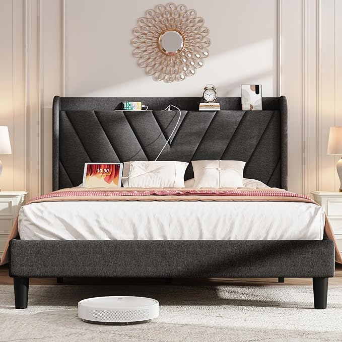koorlian Full Size Bed Frame, Full Bed Frame with Headboard, Adjustable Upholstered Bed with Type-C&USB Port, Wingback Storage Headboard, Noiseless, No Box Spring Needed, Dark Gray