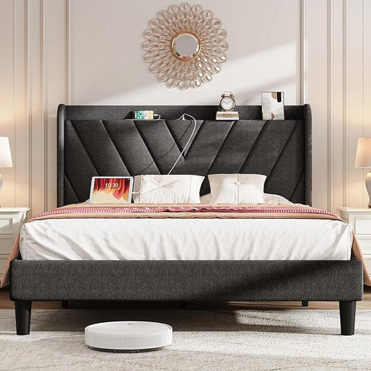 koorlian Full Size Bed Frame, Full Bed Frame with Headboard, Adjustable Upholstered Bed with Type-C&USB Port, Wingback Storage Headboard, Noiseless, No Box Spring Needed, Dark Gray