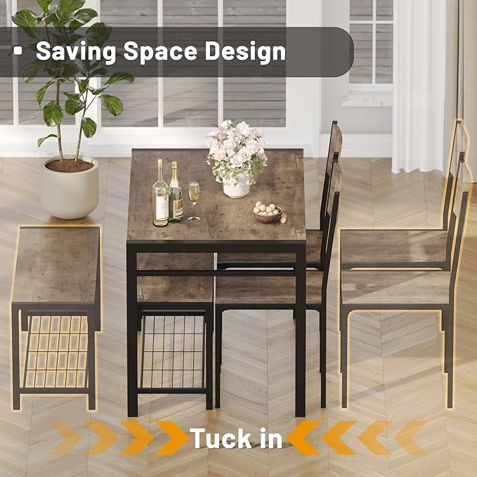 JUMMICO 43.3" Dining Table Set for 4, Kitchen Table with Bench & 2 Chairs Modern Rectangular Metal Frame Dining Furniture Set for Small Space (Rustic Brown)