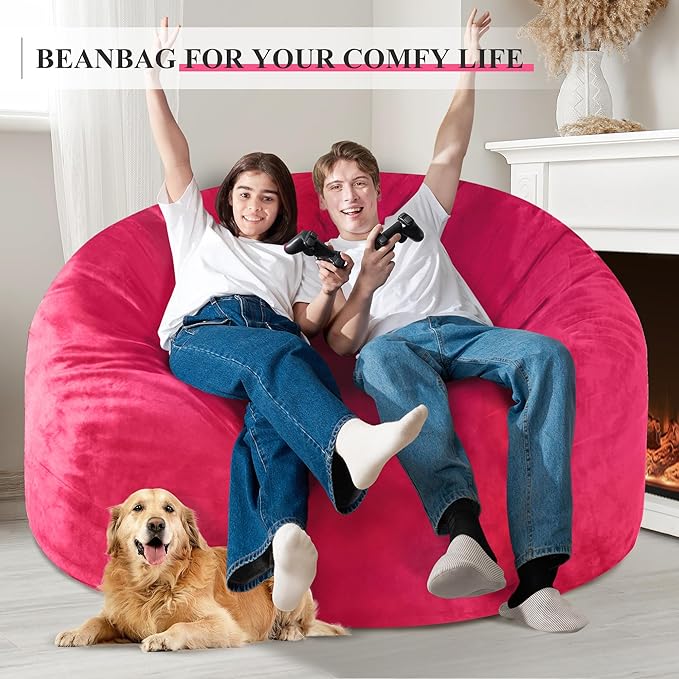 Homguava 5 FT Bean Bag Chair: 5' Bean Bags with Memory Foam Filled, Large Beanbag Chairs Soft Sofa with Dutch Velvet Cover-Pink