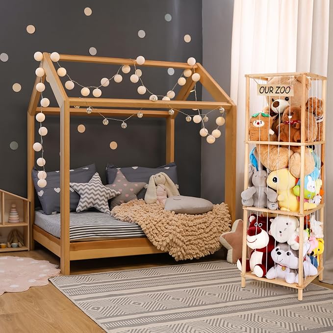 ACEPRUT Wood Stuffed Animal Storage Holder for 50 Plushies, Three Tier Vertical Large Stuffed Animal Zoo Organizer for Playroom Bedroom, Toy Storage Birthday Gifts for Kids