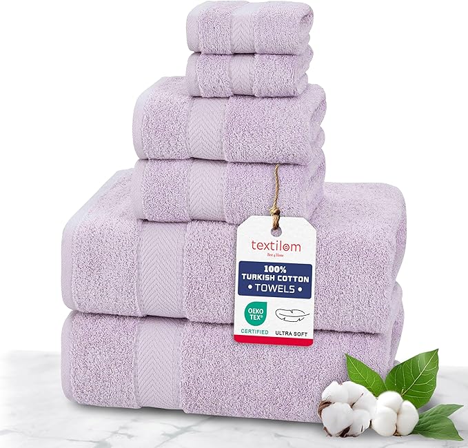 TEXTILOM 100% Turkish Cotton 6 Pcs Bath Towel Set, Luxury Soft & Absorbent Bathroom Towels Set (2 Bath Towels, 2 Hand Towels, 2 Washcloths)- Lilac