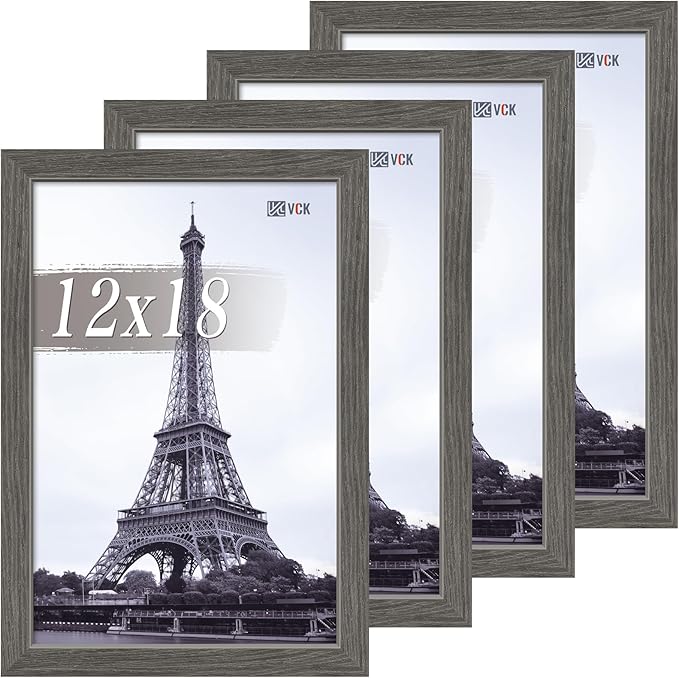 VCK 12x18 Poster Frame Set of 4 - Grey, Gallery-Quality Wood Picture Frames, 1.1-Inch Wide Border, Polished Plexiglass, Vertical or Horizontal Wall Display for Photo/Art/Prints, Grey