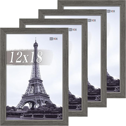 VCK 12x18 Poster Frame Set of 4 - Grey, Gallery-Quality Wood Picture Frames, 1.1-Inch Wide Border, Polished Plexiglass, Vertical or Horizontal Wall Display for Photo/Art/Prints, Grey