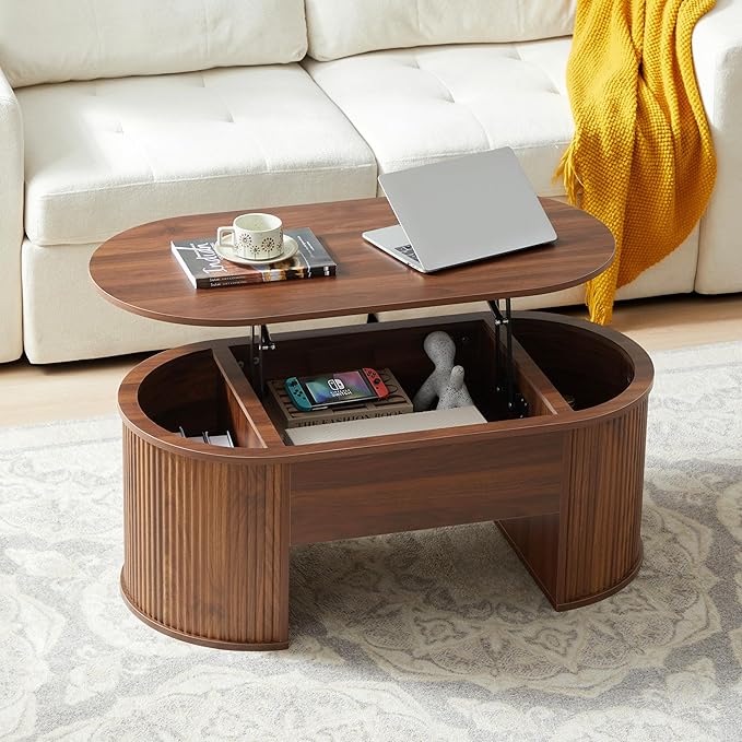 QHITTY Fluted Coffee Table with Lifting Top, Oval Wood Lift Top Coffee Table with Hidden Compartment, Mid Century Pull up Center Tables for Living Room, Office - Walnut