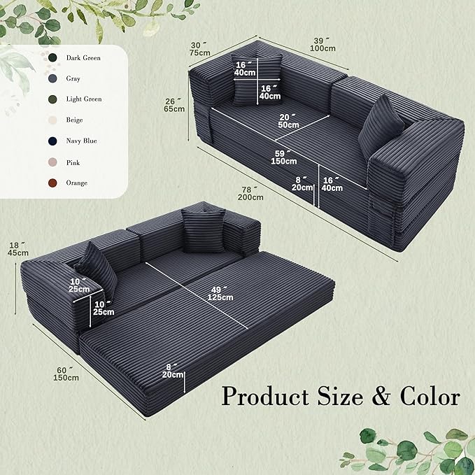 Sectional Boneless Couch Convertible Sofa Bed, 78'' Modular Sectional Sleeper Sofa with Removable Armrests & 3 Pillows, Small Floor Couch No Assembly Needed for Living Room, Office, Bedroom, Gray