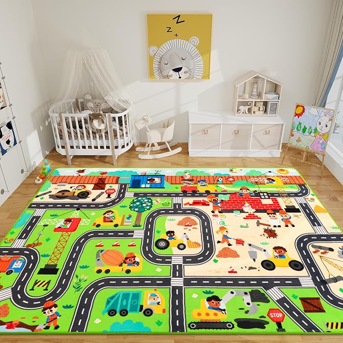 Kids Rug Play Mat for Toy Cars, 78.7"×59" Construction Site Road Traffic for Playroom Kids City Engineering Car Road Play Mat Non-Slip Washable Carpet Toddlers Boys Room Family Playtime