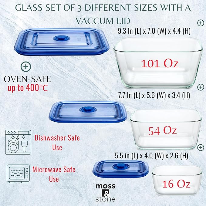 Moss & Stone Extra Large Glass Storage Containers With Lids Set of 3, 101 Oz/ 54 Oz/ 16 Oz, Deep Rectangular Glass Food Container with Lid, Leak Proof, Microwave, Dishwasher & Oven Safe